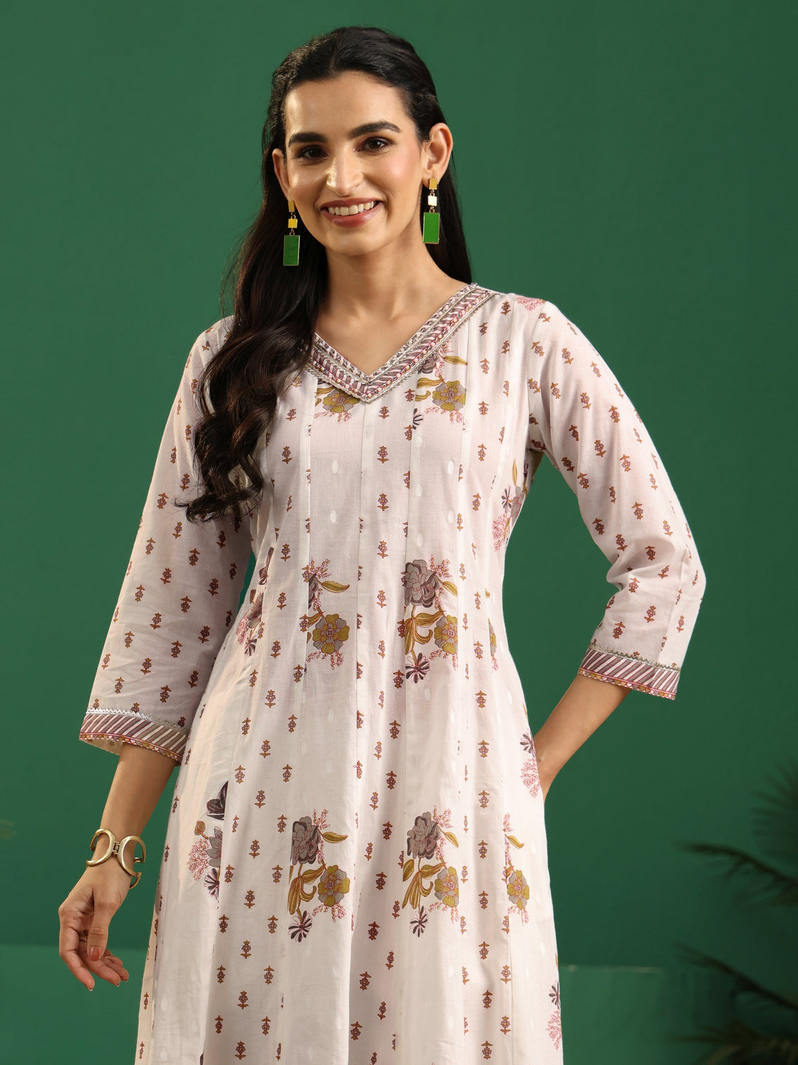 Mameraa Off White Floral Printed Cotton Anarkali Suit Set