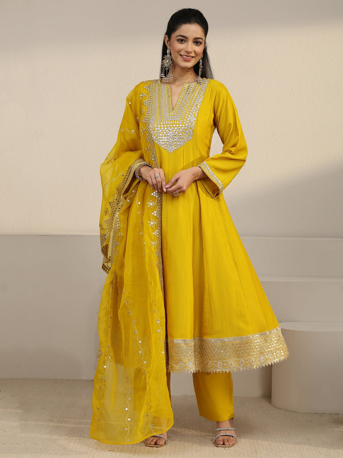 Mameraa Mustard Mirror Work Yoke Silk Blend Anarkali Suit Set
