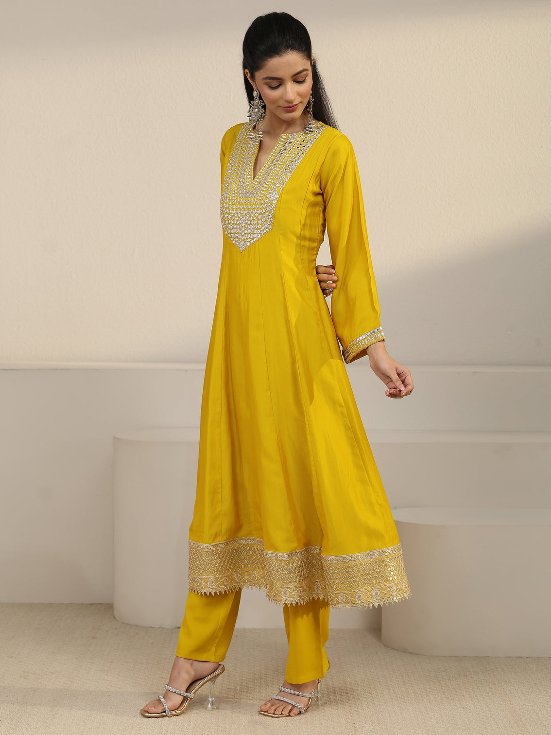 Mameraa Mustard Mirror Work Yoke Silk Blend Anarkali Suit Set