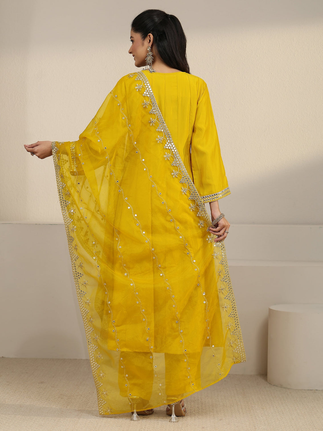 Mameraa Mustard Mirror Work Yoke Silk Blend Anarkali Suit Set