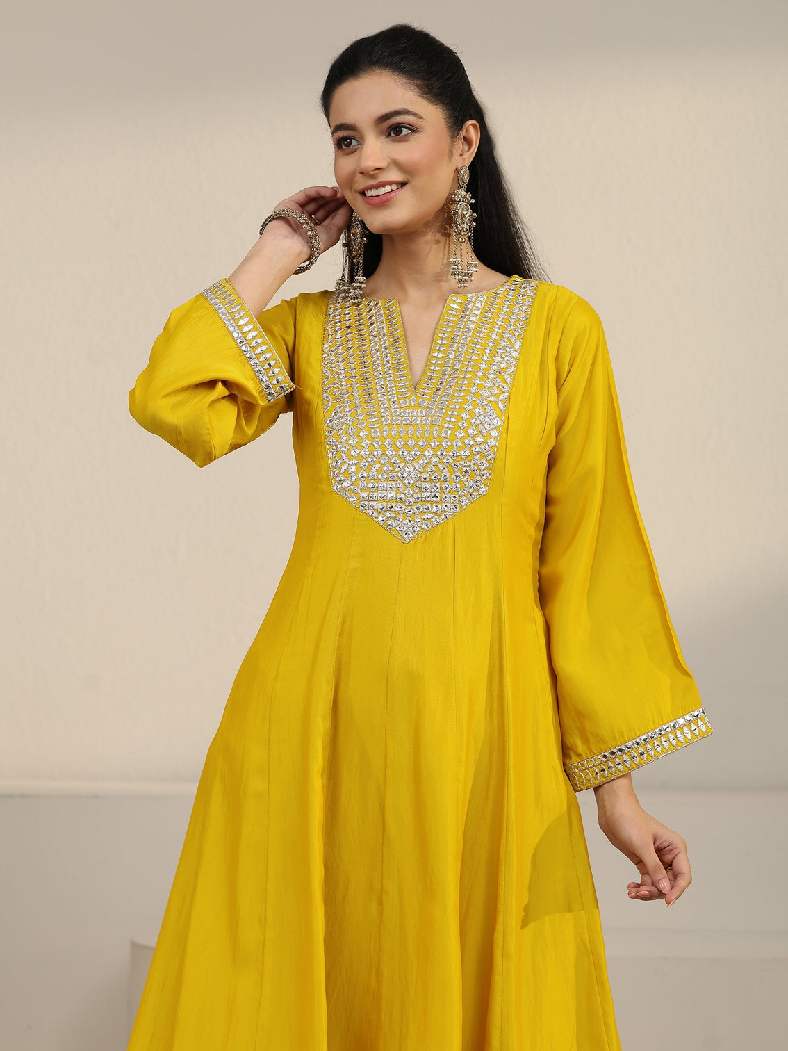 Mameraa Mustard Mirror Work Yoke Silk Blend Anarkali Suit Set