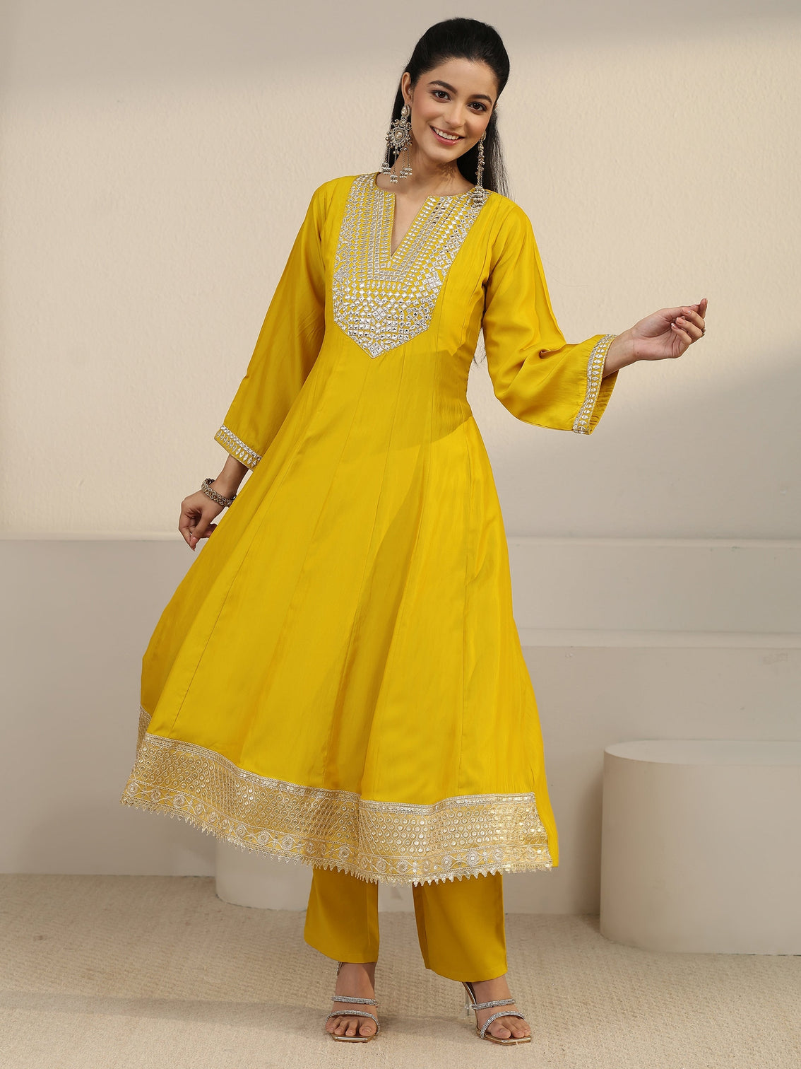 Mameraa Mustard Mirror Work Yoke Silk Blend Anarkali Suit Set