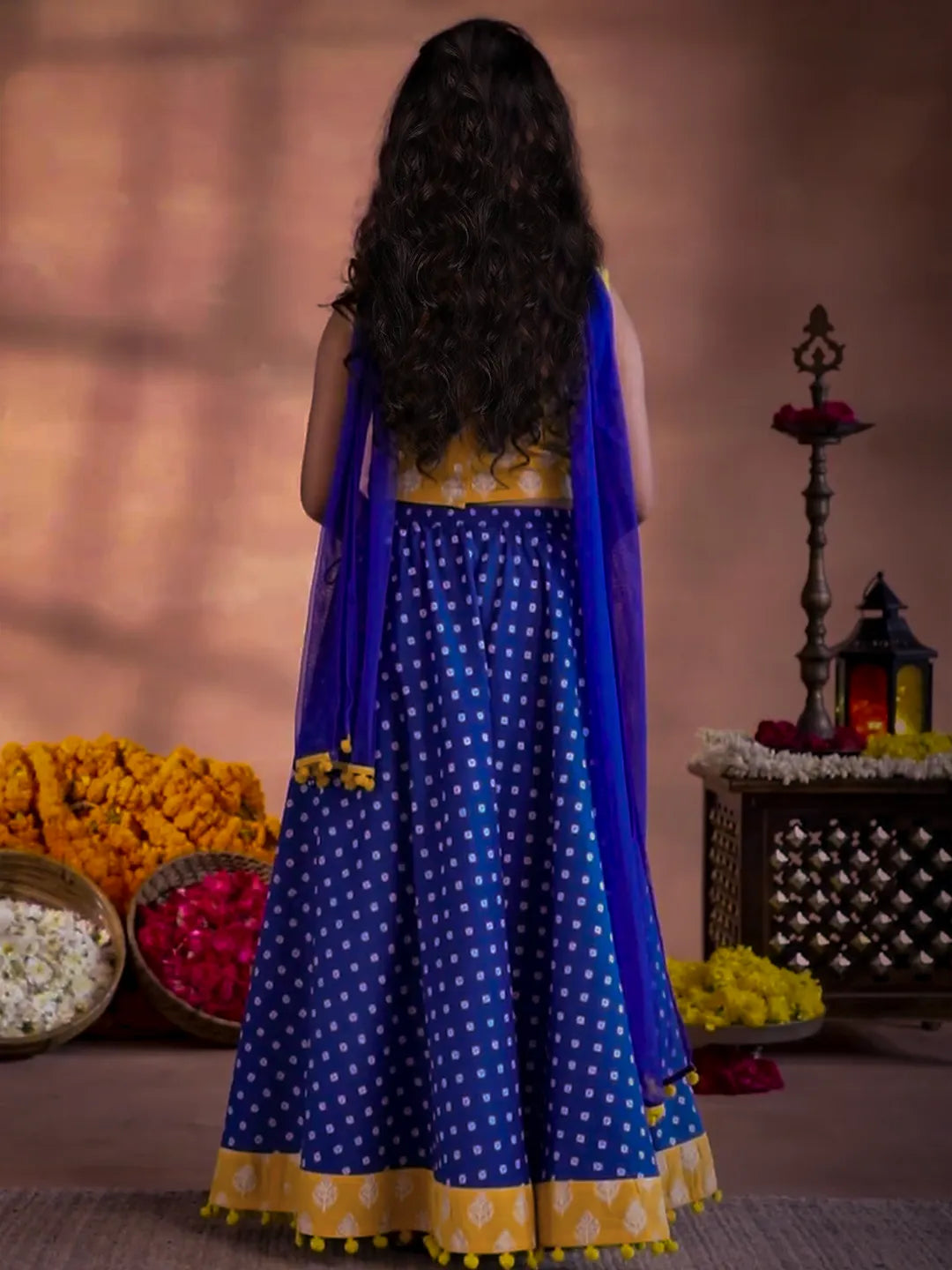 Mameraa Kids Yellow Cotton Printed Lehenga Set