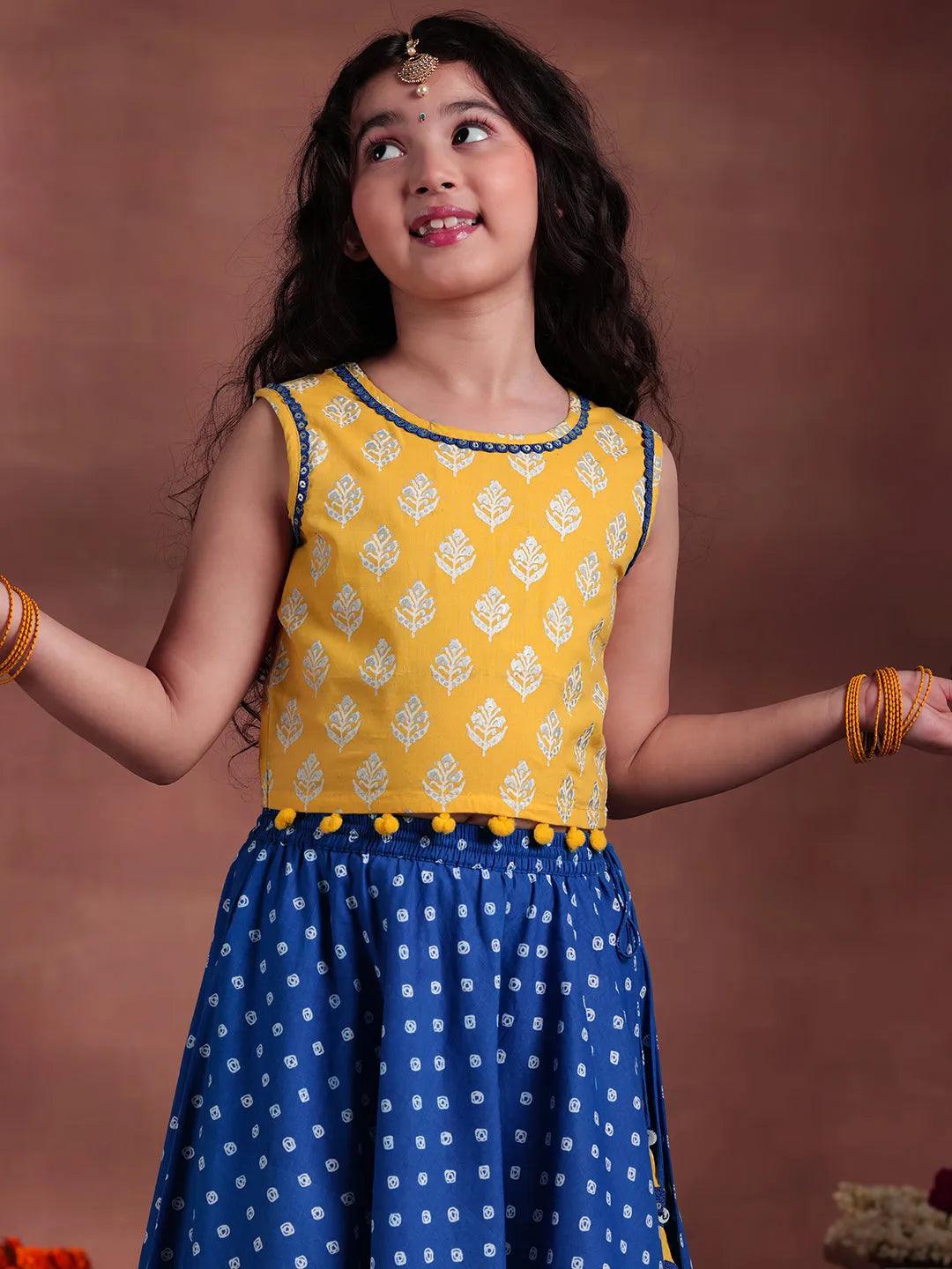 Mameraa Kids Yellow Cotton Printed Lehenga Set