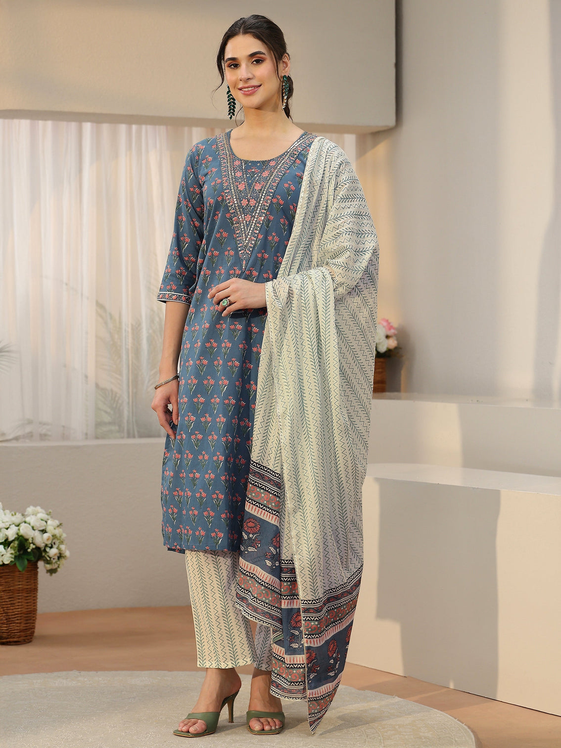 Mameraa Dusty Blue Floral Printed Cotton Straight Suit Set