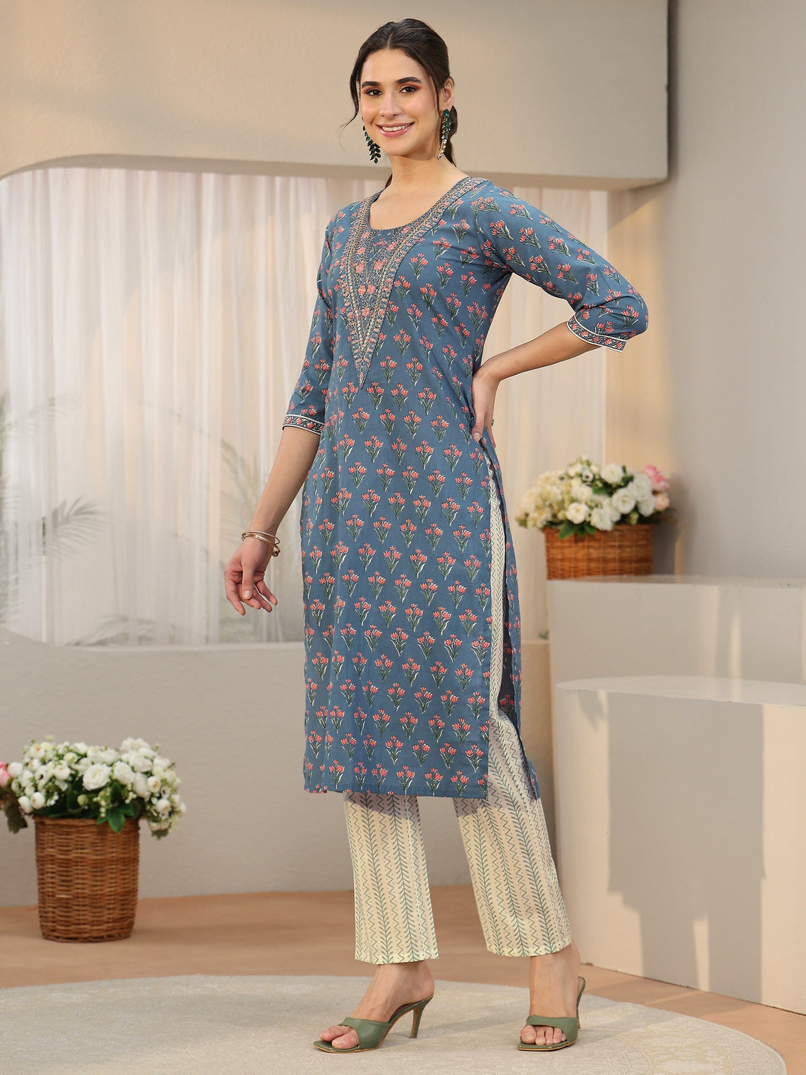Mameraa Dusty Blue Floral Printed Cotton Straight Suit Set
