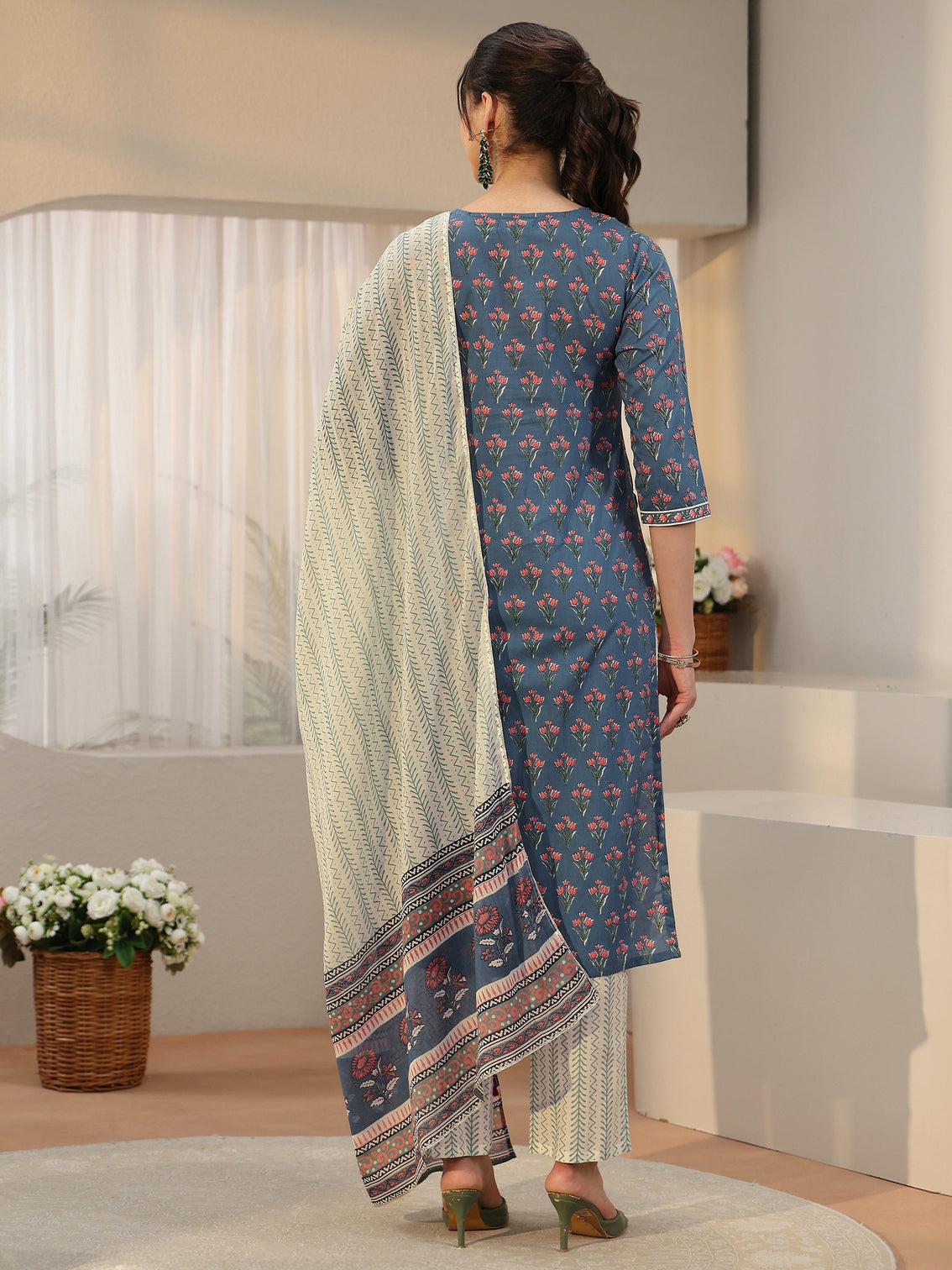 Mameraa Dusty Blue Floral Printed Cotton Straight Suit Set