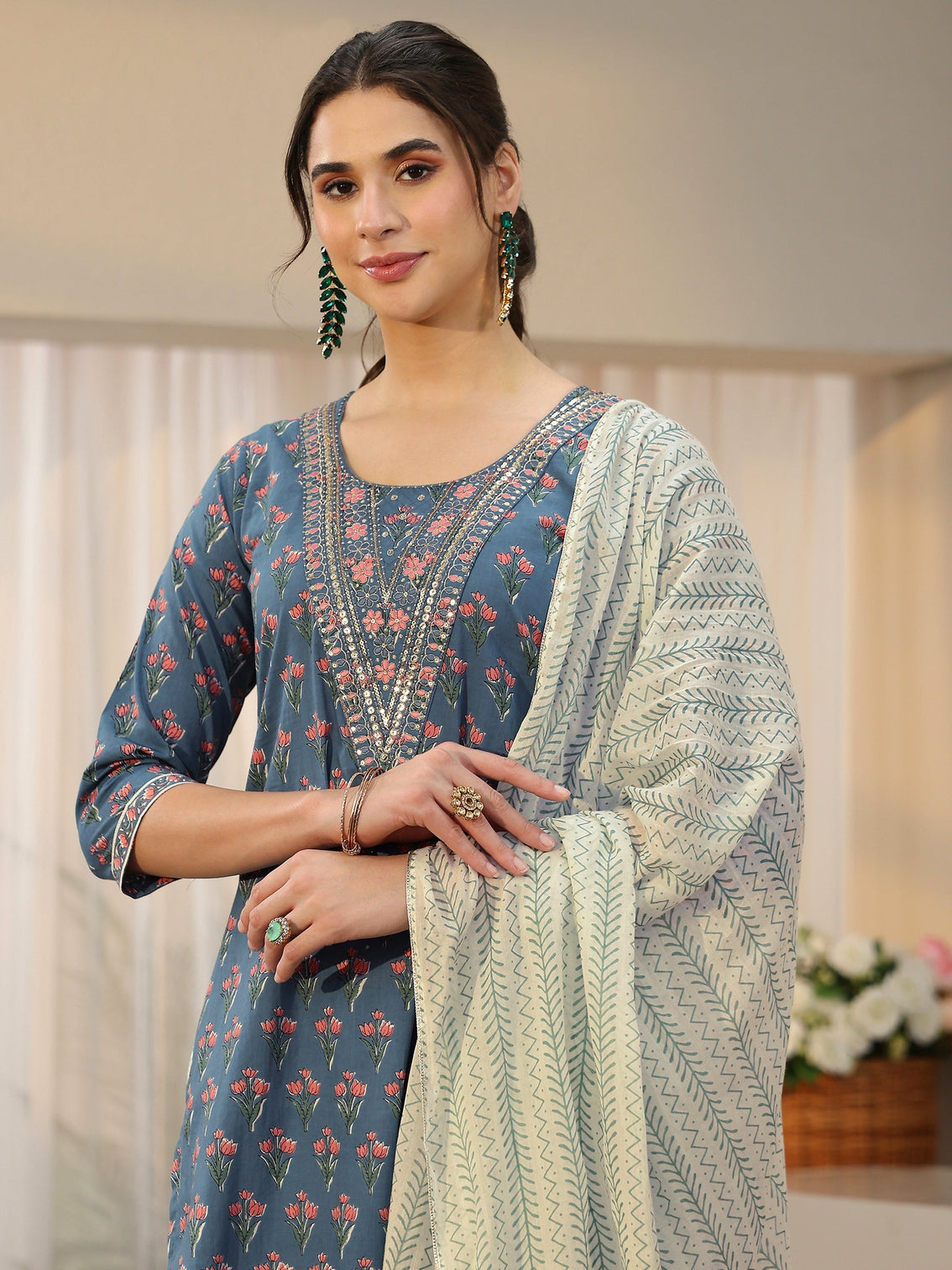 Mameraa Dusty Blue Floral Printed Cotton Straight Suit Set