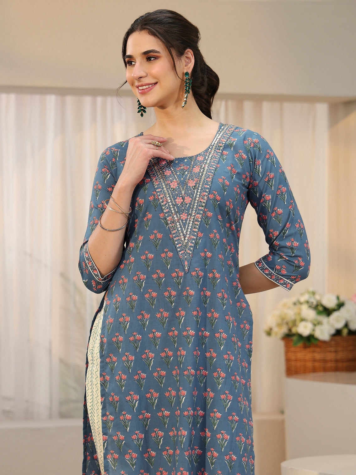 Mameraa Dusty Blue Floral Printed Cotton Straight Suit Set
