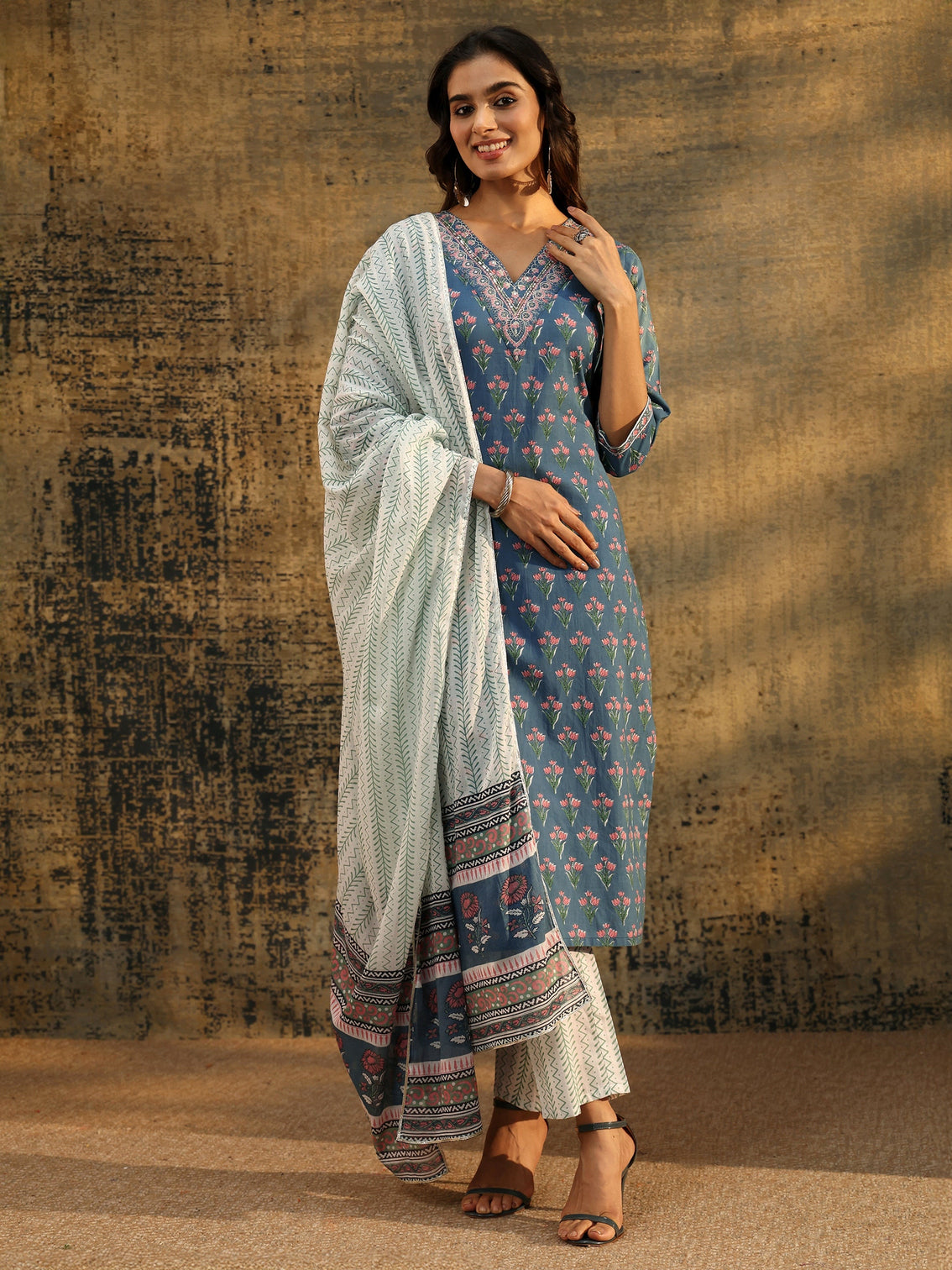 Mameraa Dusty Indigo Floral Printed Cotton Straight Suit Set