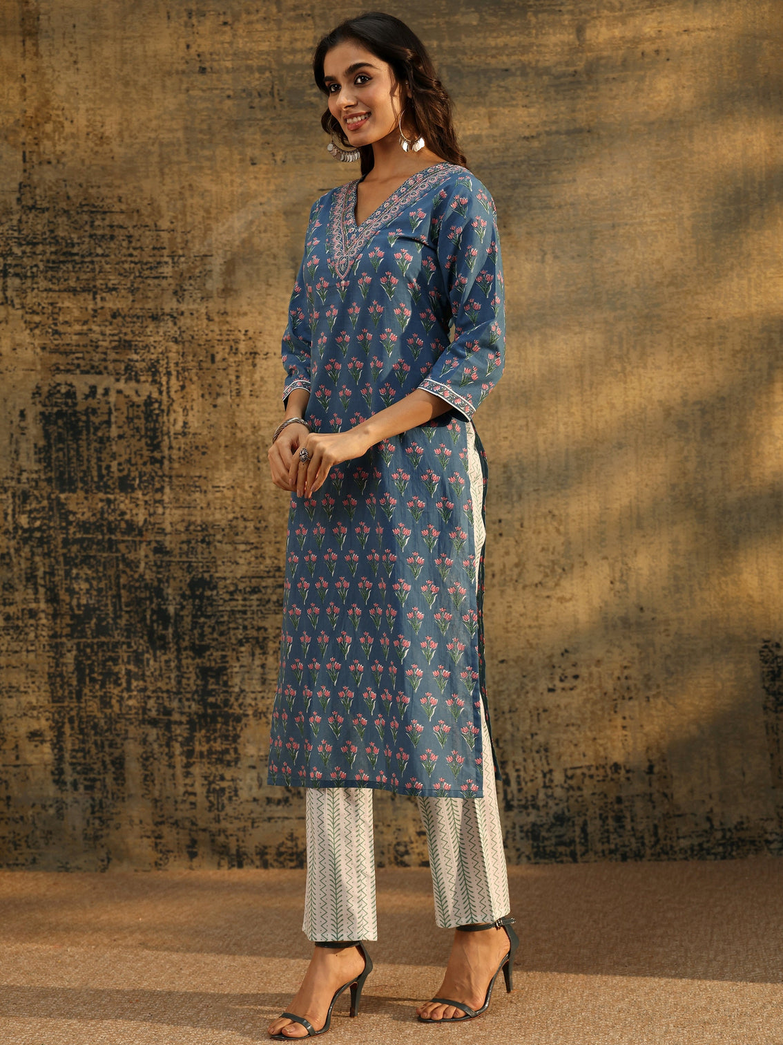Mameraa Dusty Indigo Floral Printed Cotton Straight Suit Set