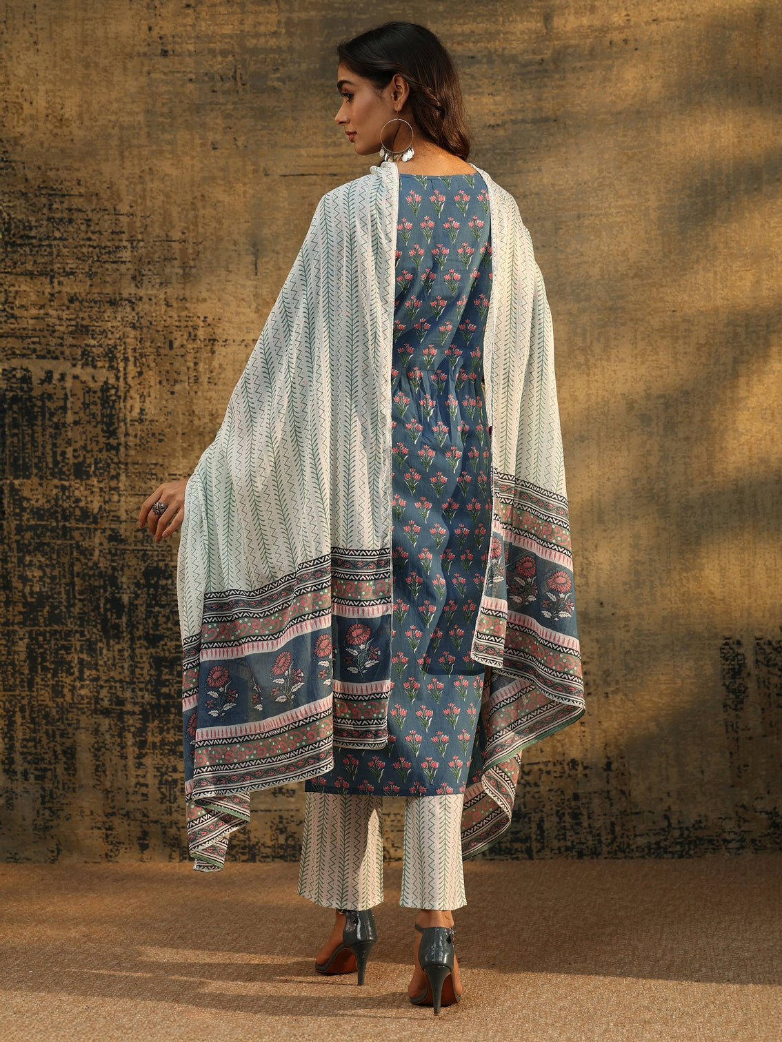 Mameraa Dusty Indigo Floral Printed Cotton Straight Suit Set