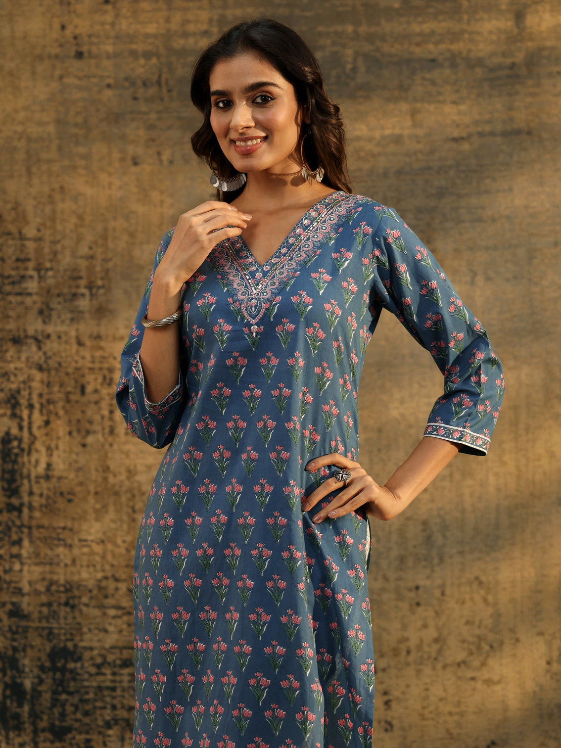 Mameraa Dusty Indigo Floral Printed Cotton Straight Suit Set