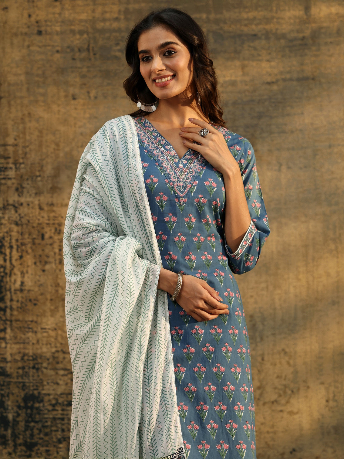 Mameraa Dusty Indigo Floral Printed Cotton Straight Suit Set