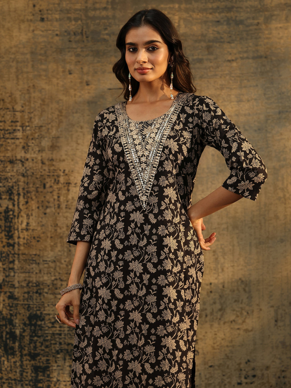 Mameraa Black Floral Printed Cotton Straight Suit Set