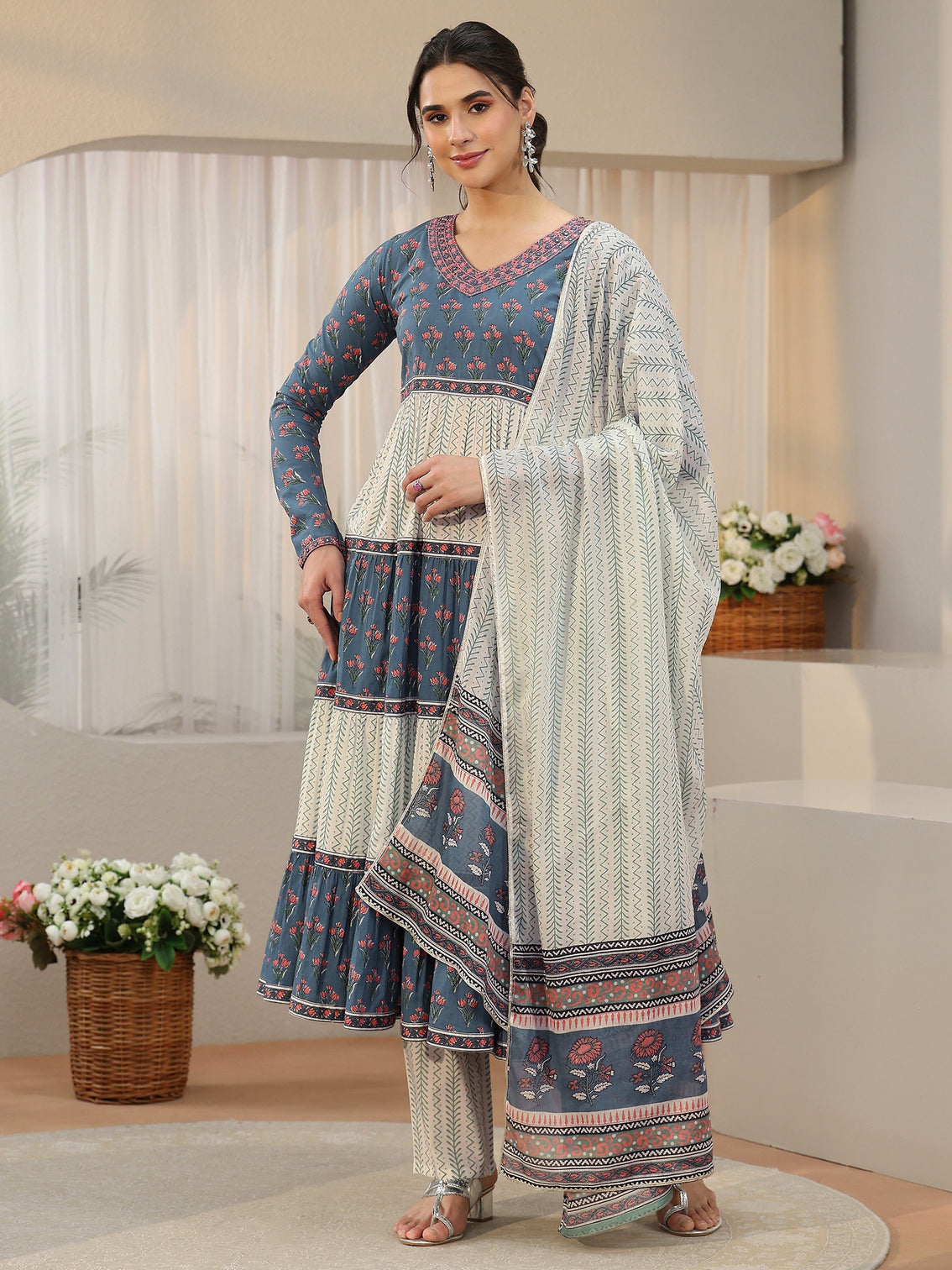 Mameraa Blue Floral Printed Cotton Anarkali Suit Set