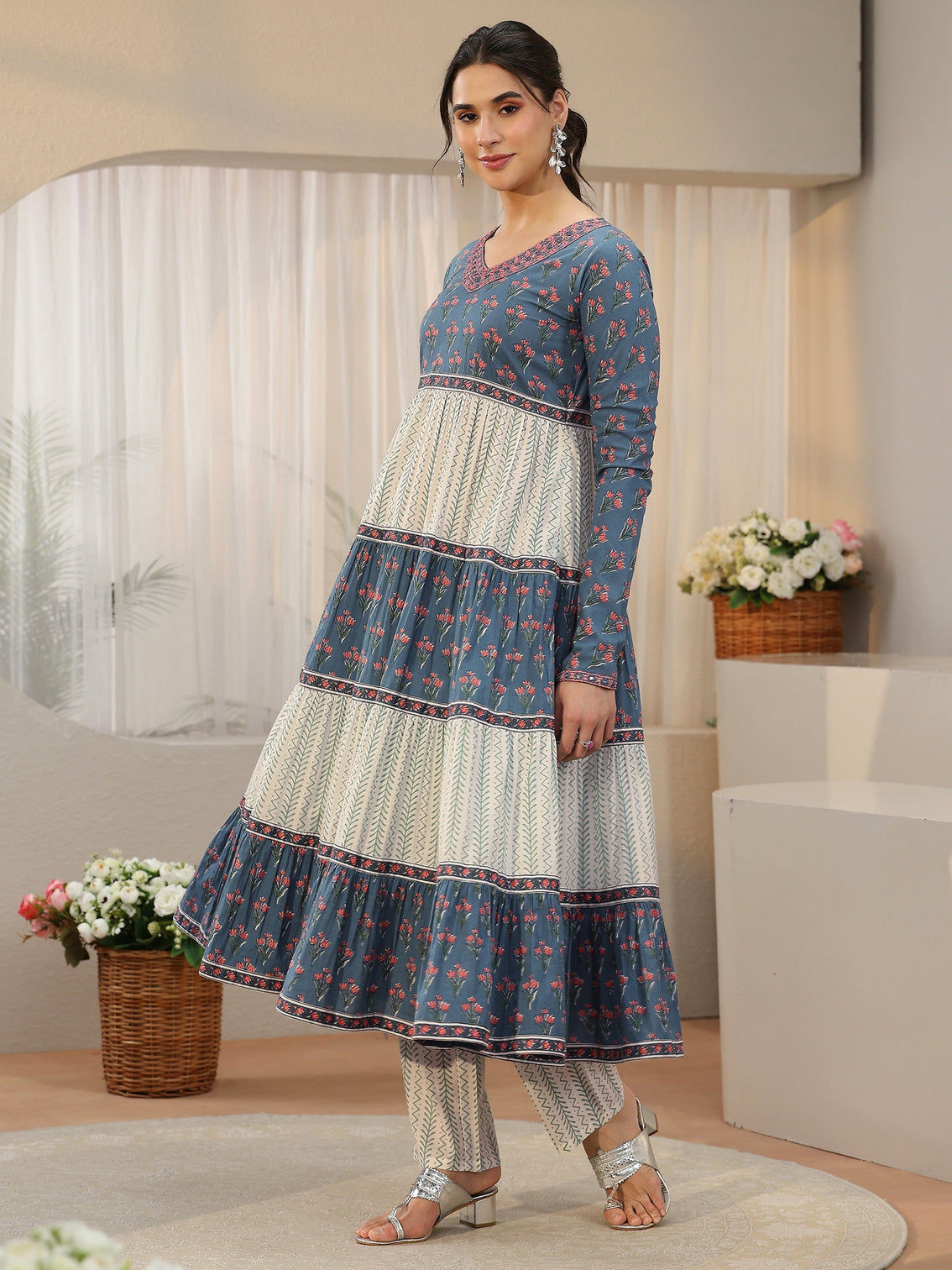 Mameraa Blue Floral Printed Cotton Anarkali Suit Set