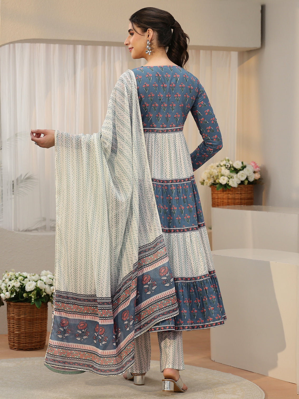 Mameraa Blue Floral Printed Cotton Anarkali Suit Set
