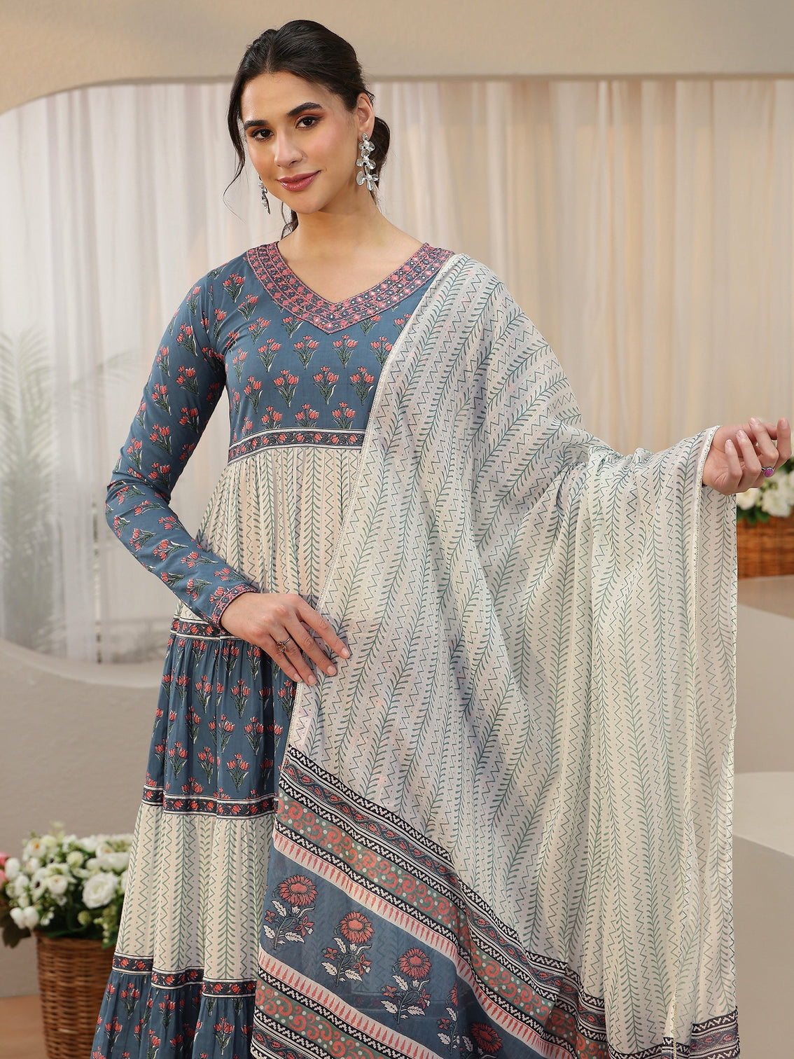 Mameraa Blue Floral Printed Cotton Anarkali Suit Set