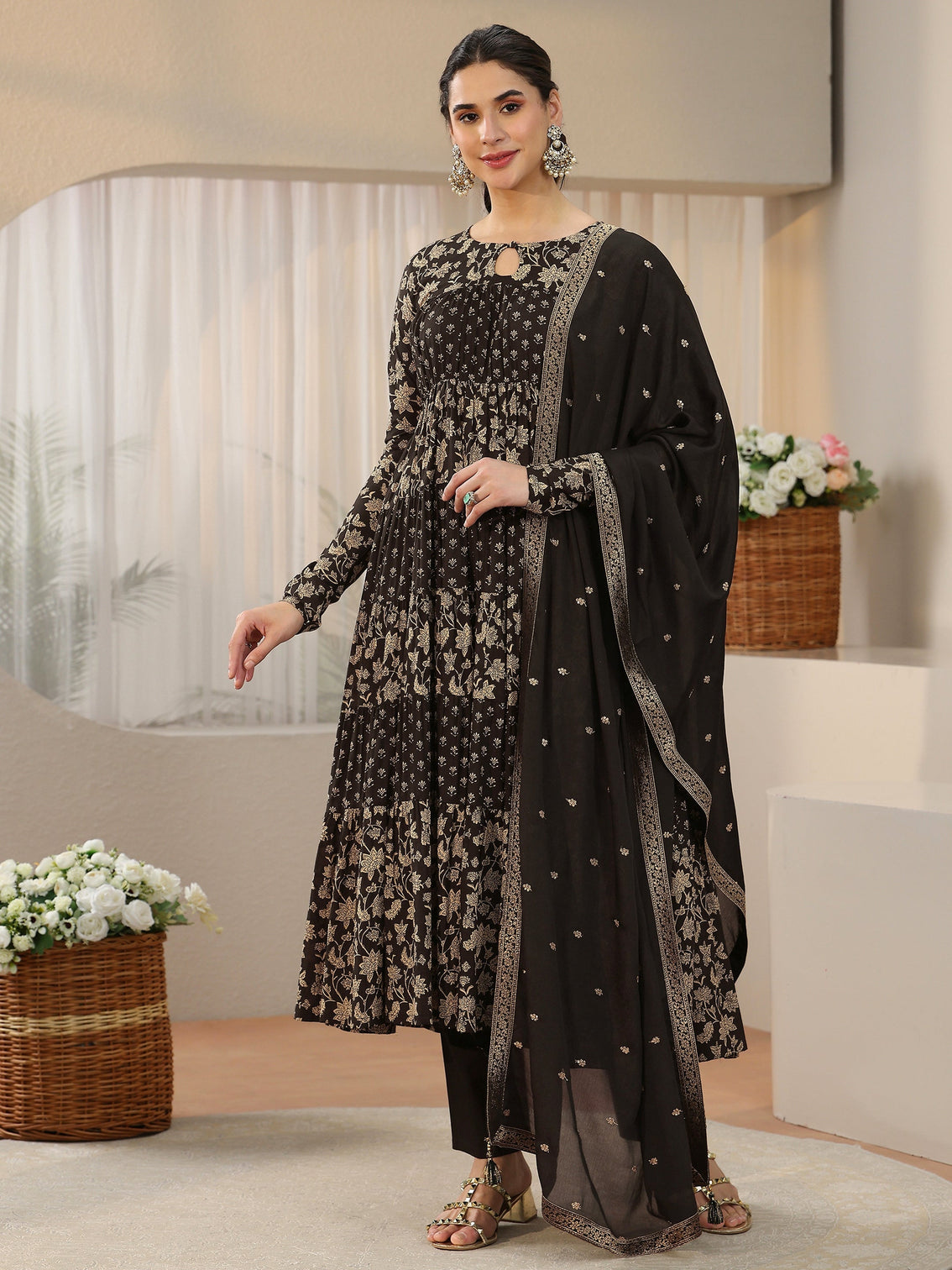 Mameraa Black Floral Printed Cotton Anarkali Suit Set