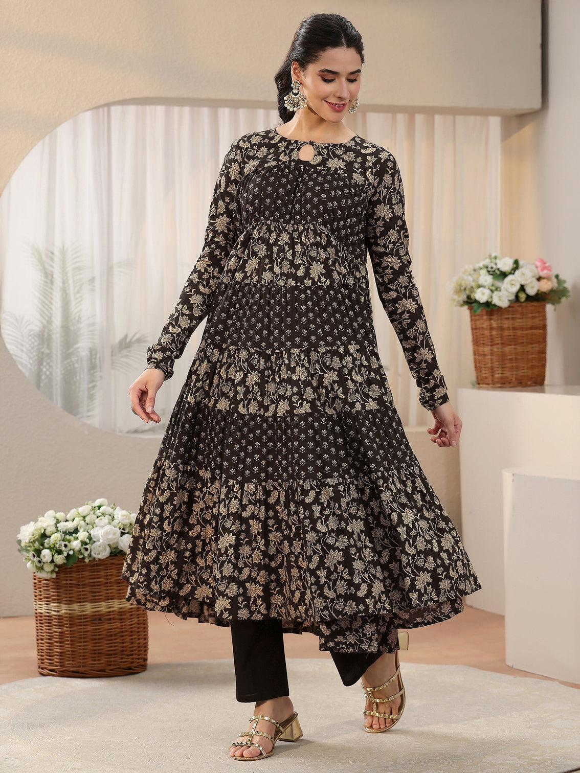 Mameraa Black Floral Printed Cotton Anarkali Suit Set