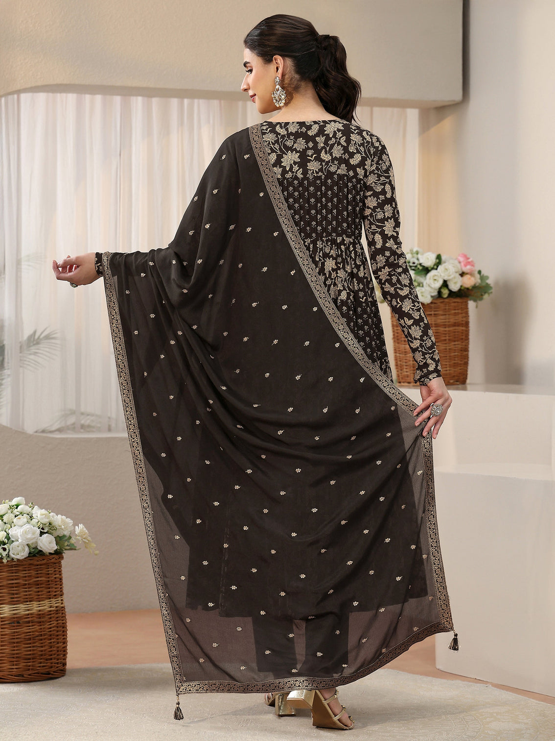 Mameraa Black Floral Printed Cotton Anarkali Suit Set