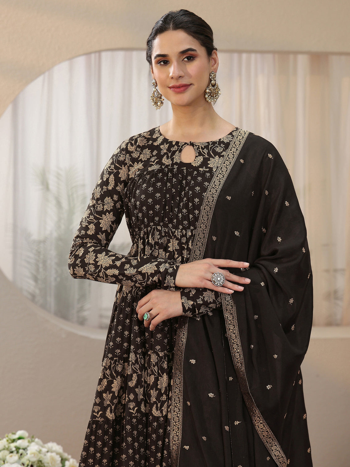 Mameraa Black Floral Printed Cotton Anarkali Suit Set