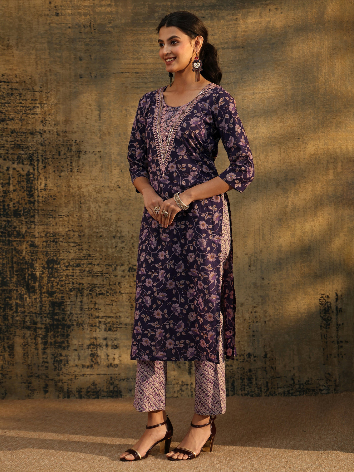 Mameraa Plum Purple Floral Printed Cotton Straight Suit Set