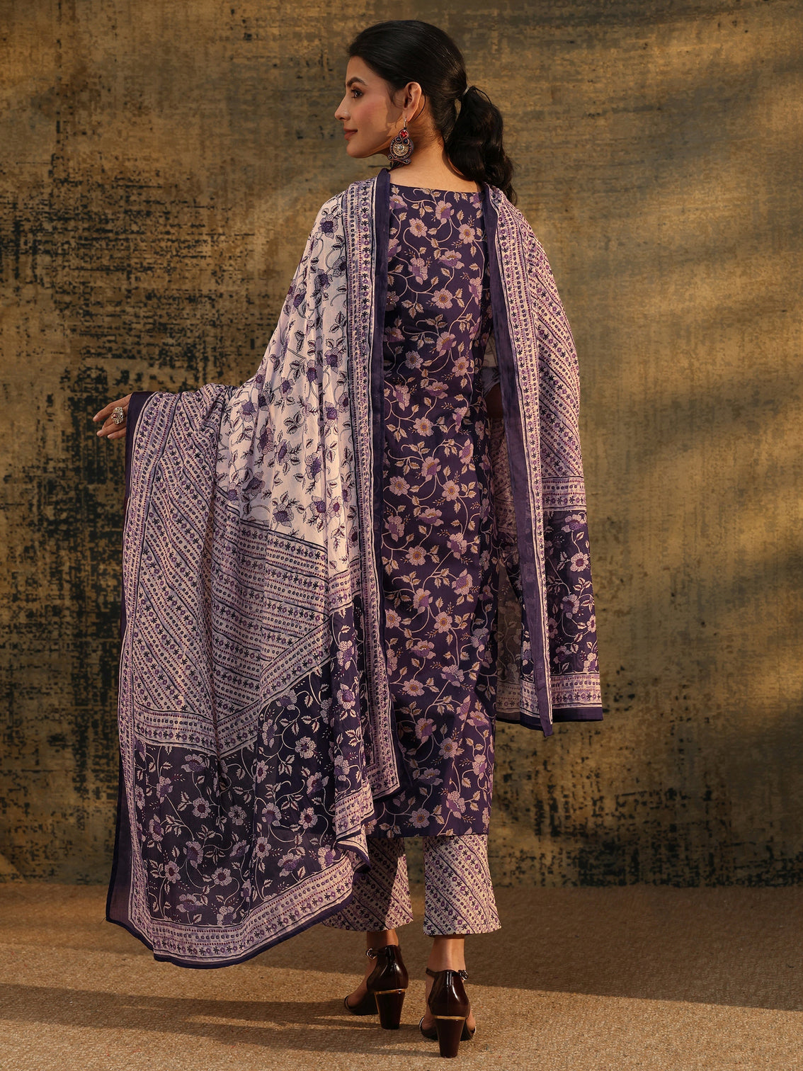 Mameraa Plum Purple Floral Printed Cotton Straight Suit Set