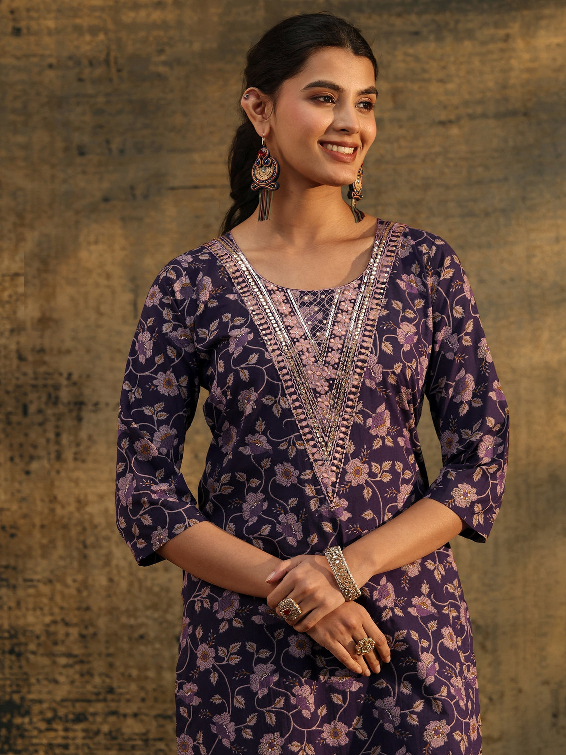 Mameraa Plum Purple Floral Printed Cotton Straight Suit Set