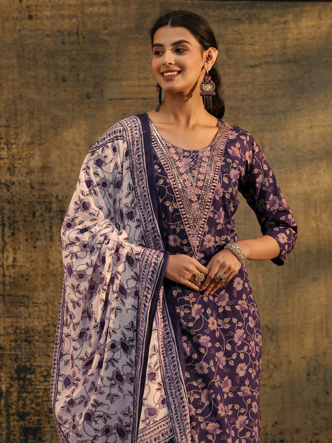 Mameraa Plum Purple Floral Printed Cotton Straight Suit Set