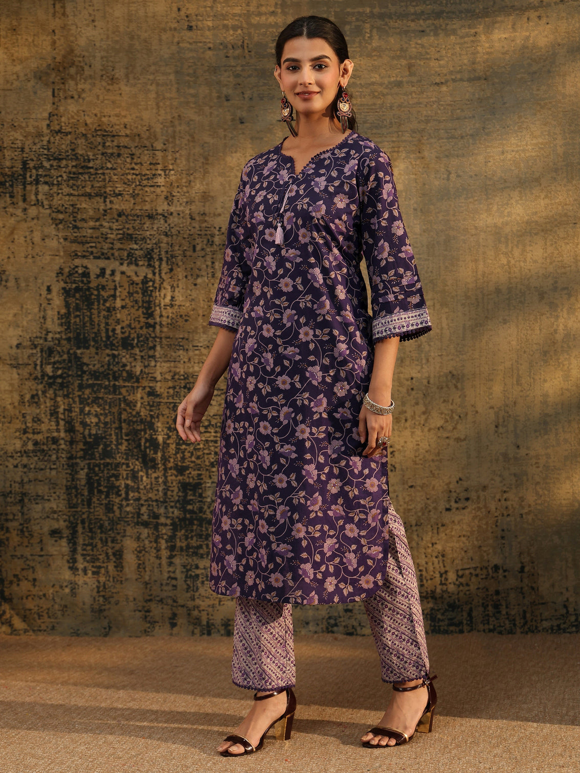 Mameraa Plum Purple Floral Printed Cotton Straight Suit Set