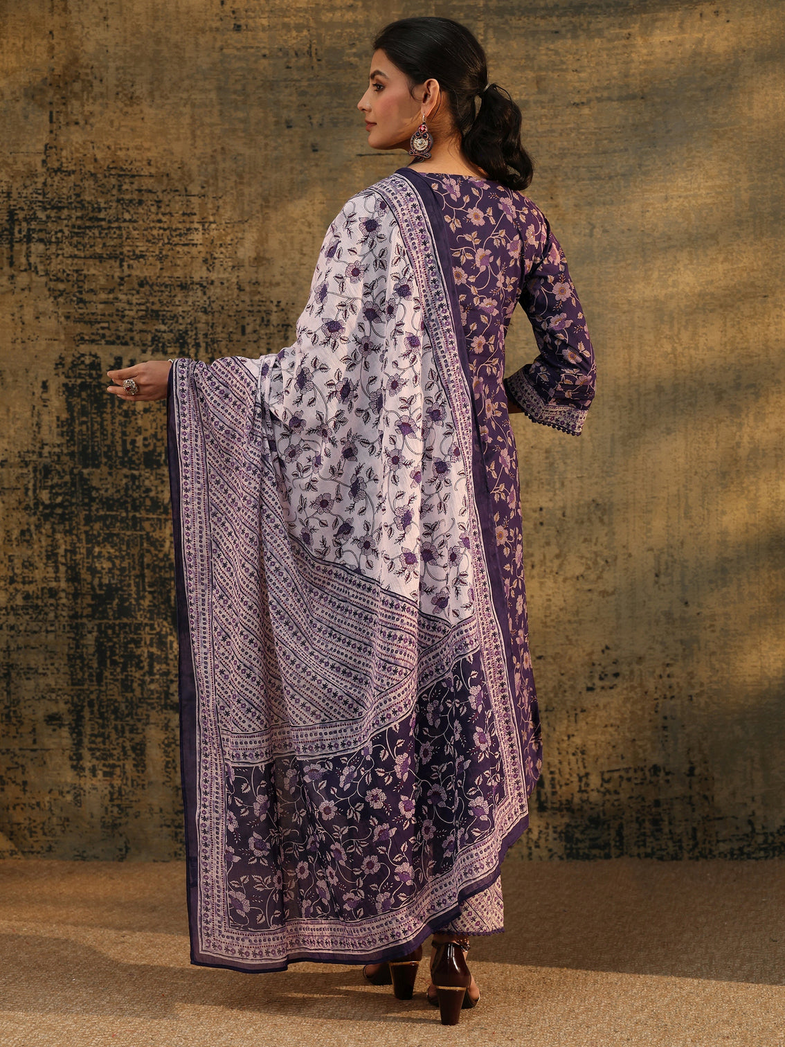 Mameraa Plum Purple Floral Printed Cotton Straight Suit Set