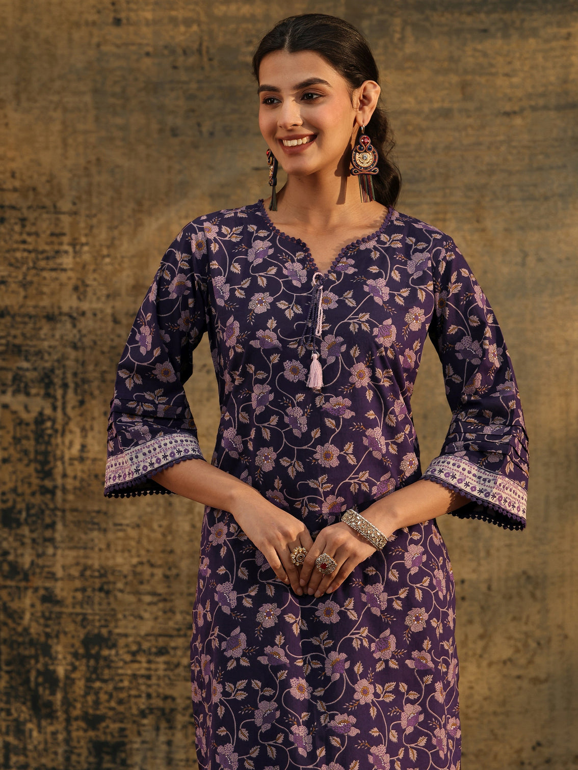 Mameraa Plum Purple Floral Printed Cotton Straight Suit Set