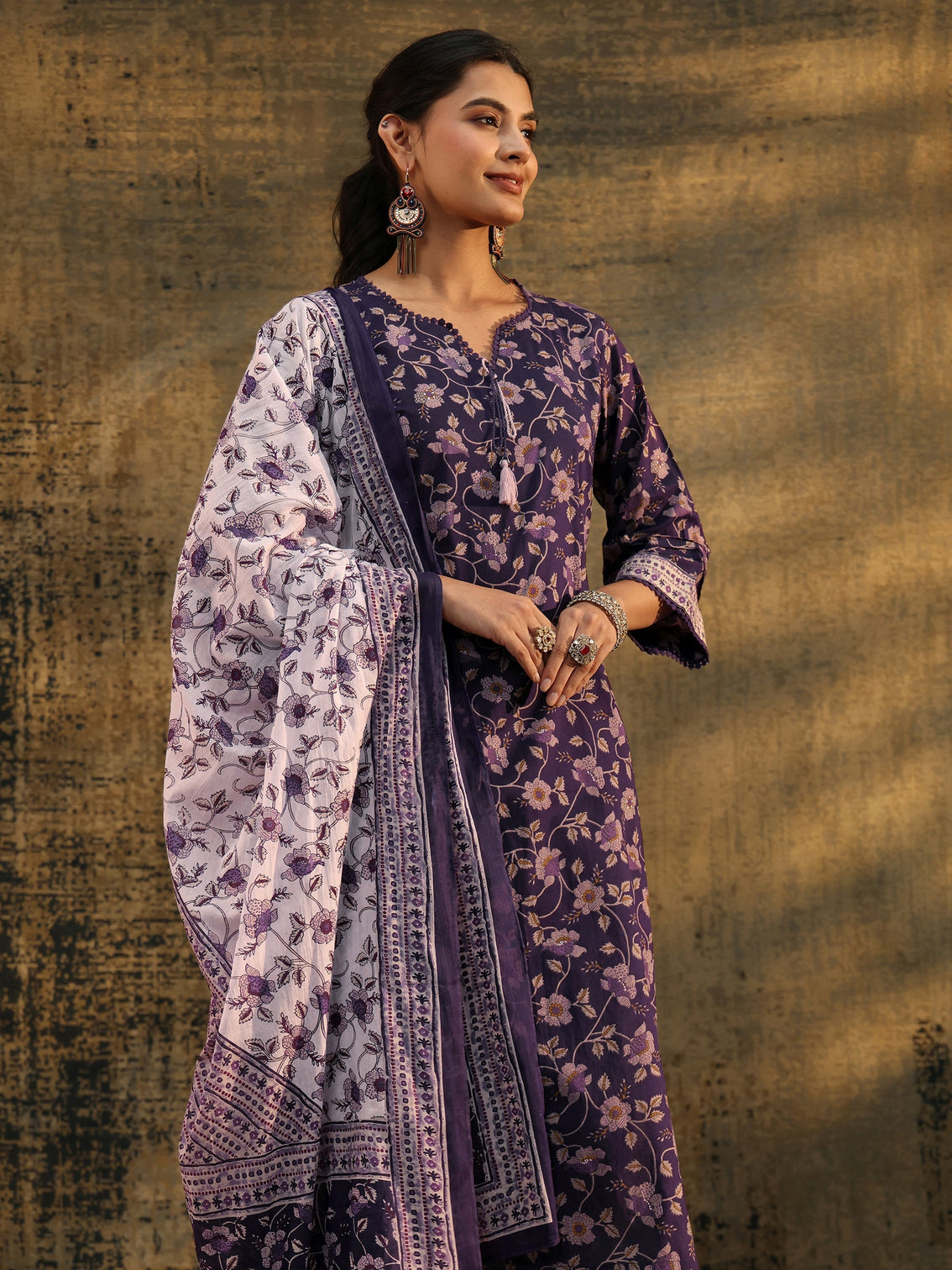 Mameraa Plum Purple Floral Printed Cotton Straight Suit Set