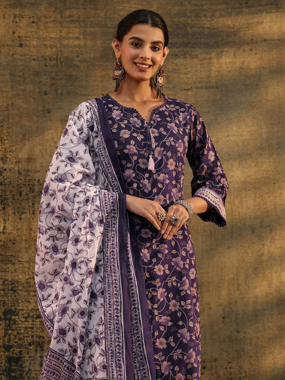 Mameraa Plum Purple Floral Printed Cotton Straight Suit Set