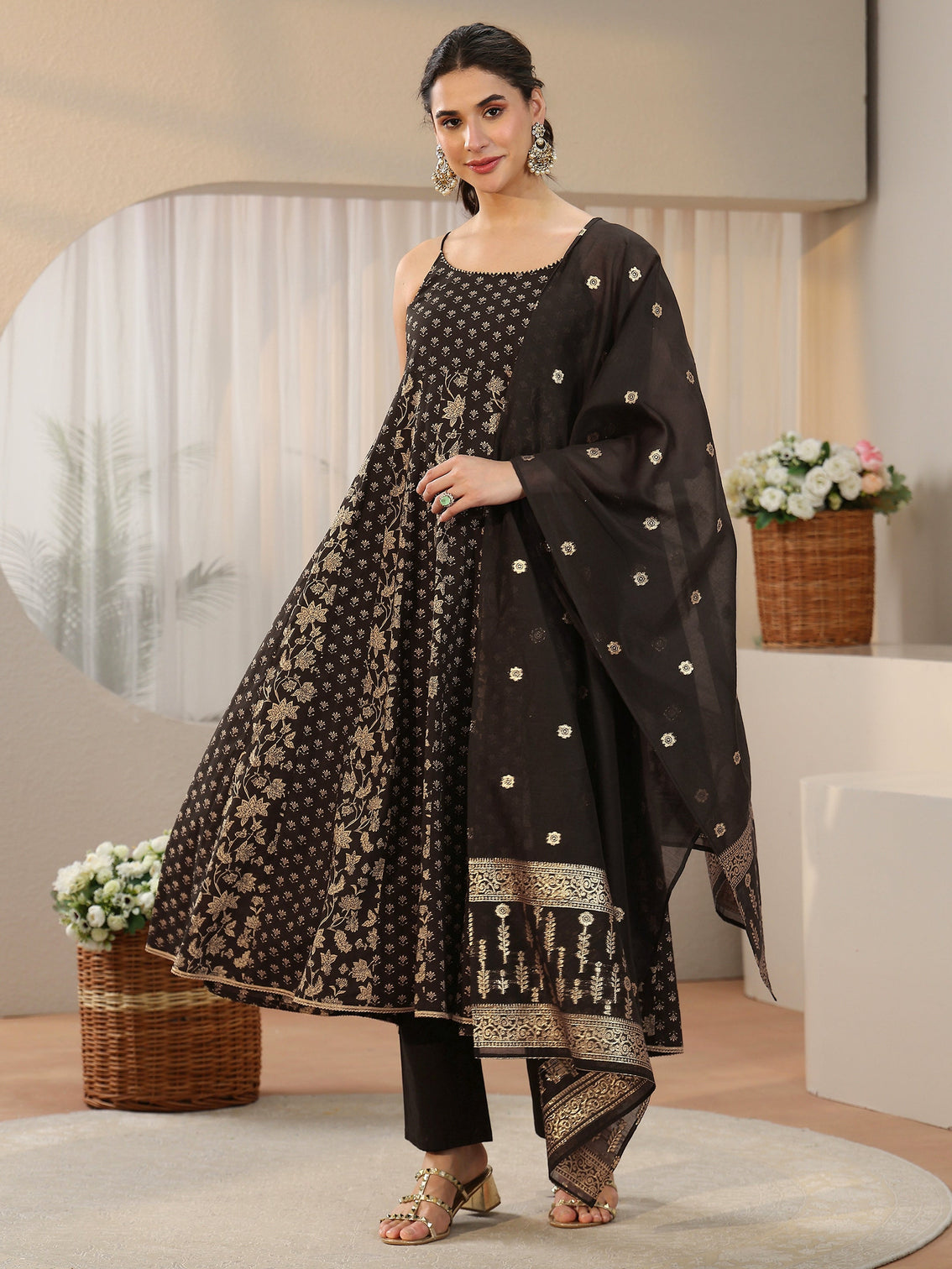Mameraa Black Floral Printed Strappy Cotton Anarkali Suit Set