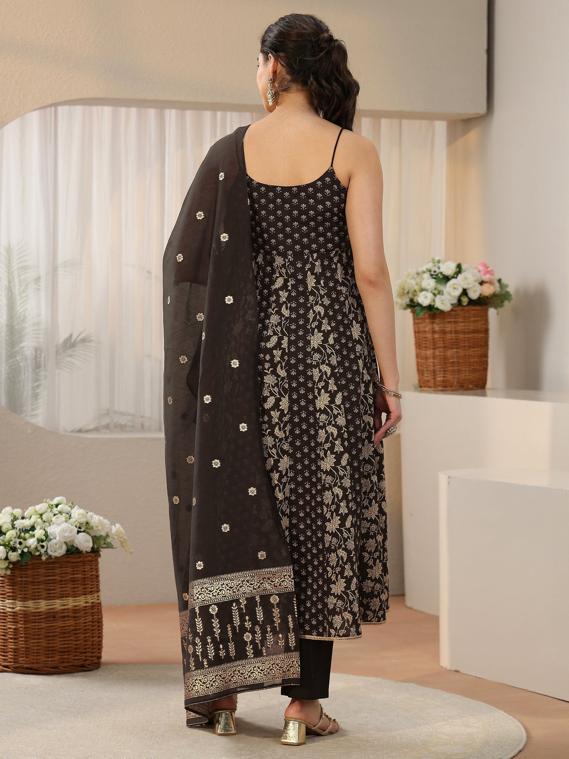 Mameraa Black Floral Printed Strappy Cotton Anarkali Suit Set