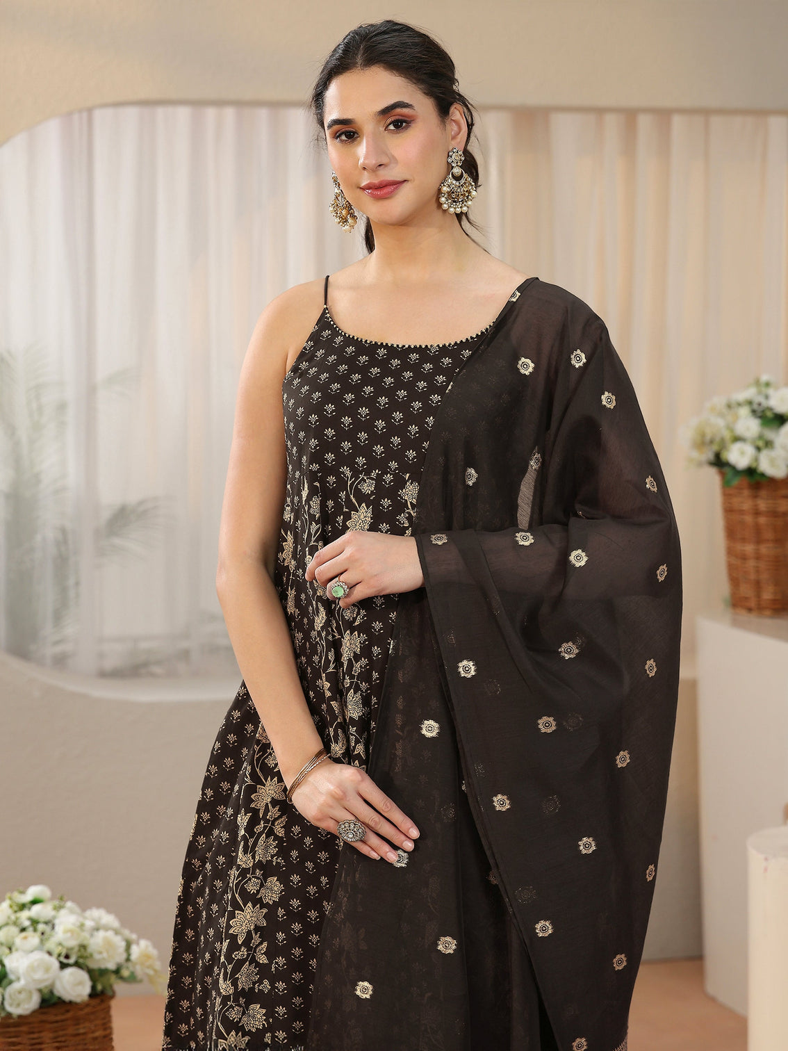 Mameraa Black Floral Printed Strappy Cotton Anarkali Suit Set
