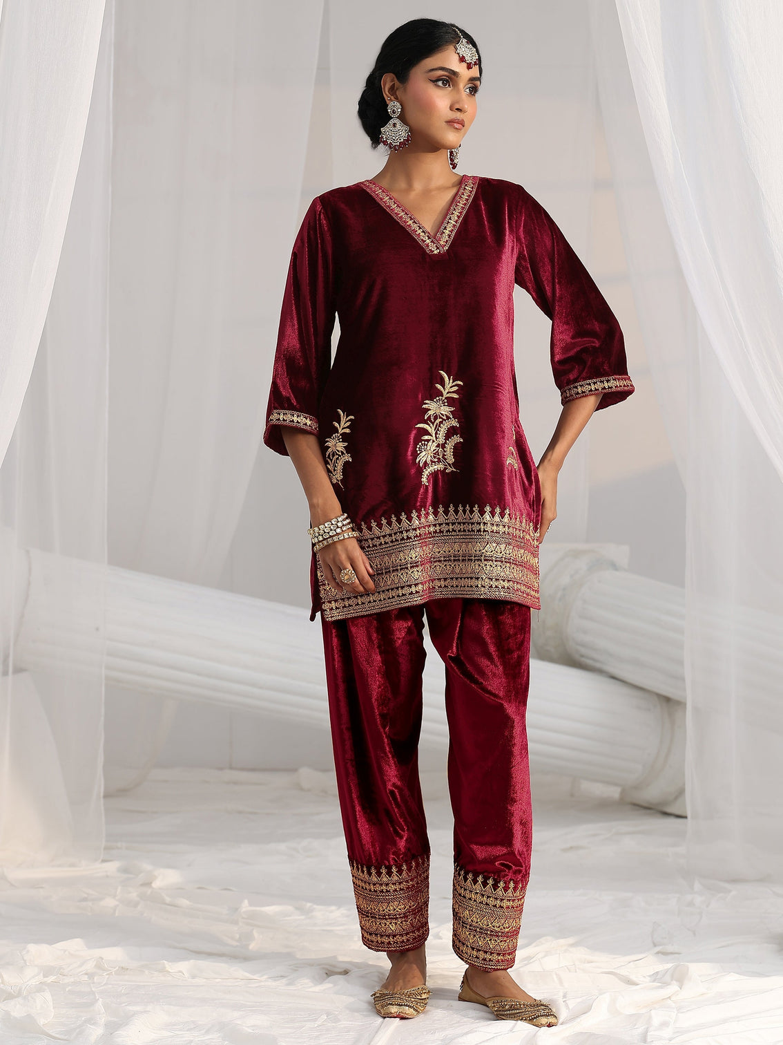 Mameraa Maroon Embroidered Velvet Co-Ord Set