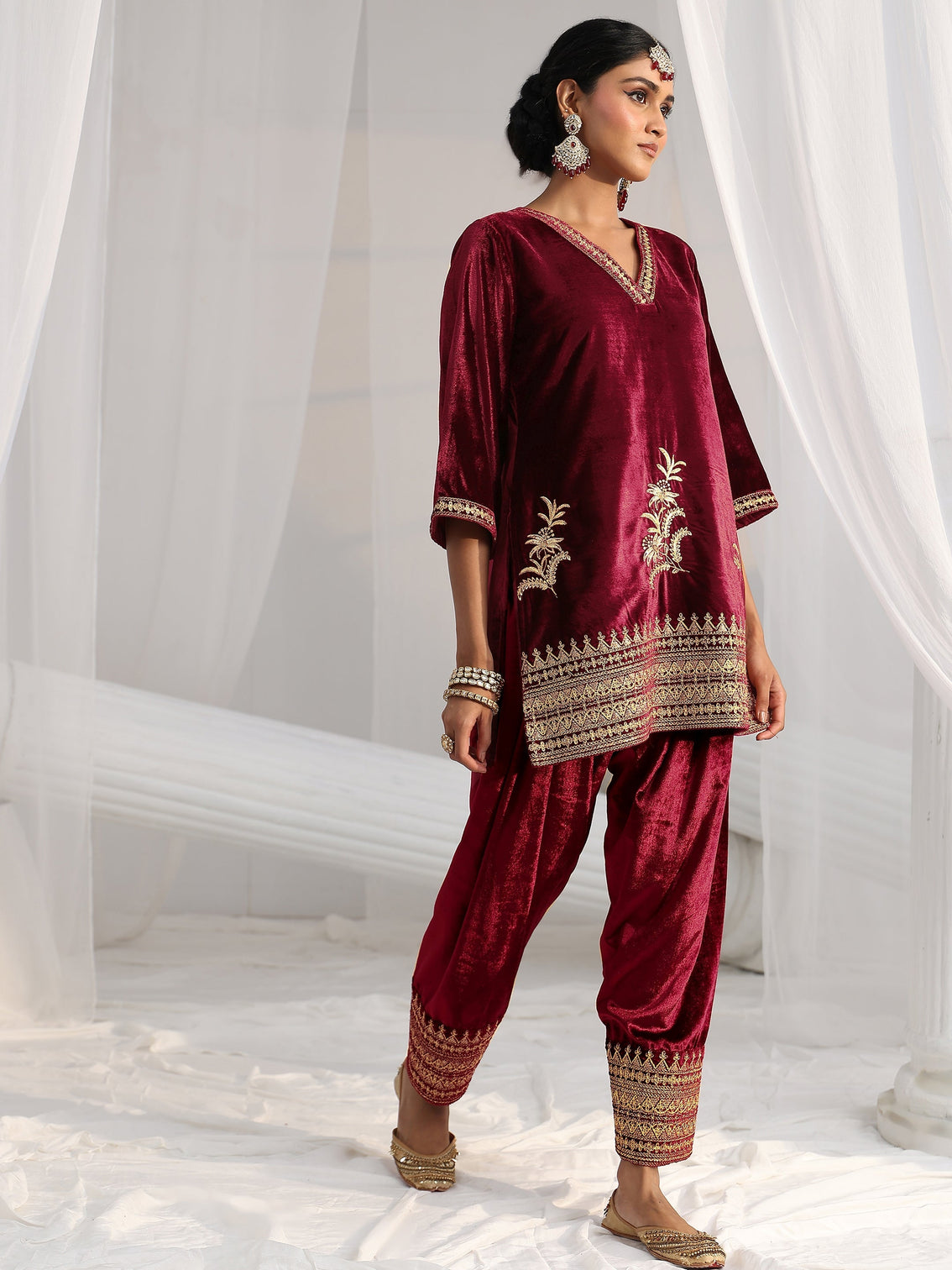 Mameraa Maroon Embroidered Velvet Co-Ord Set