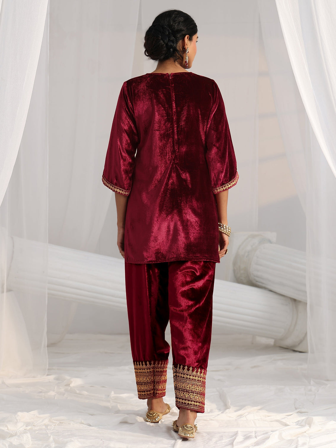 Mameraa Maroon Embroidered Velvet Co-Ord Set