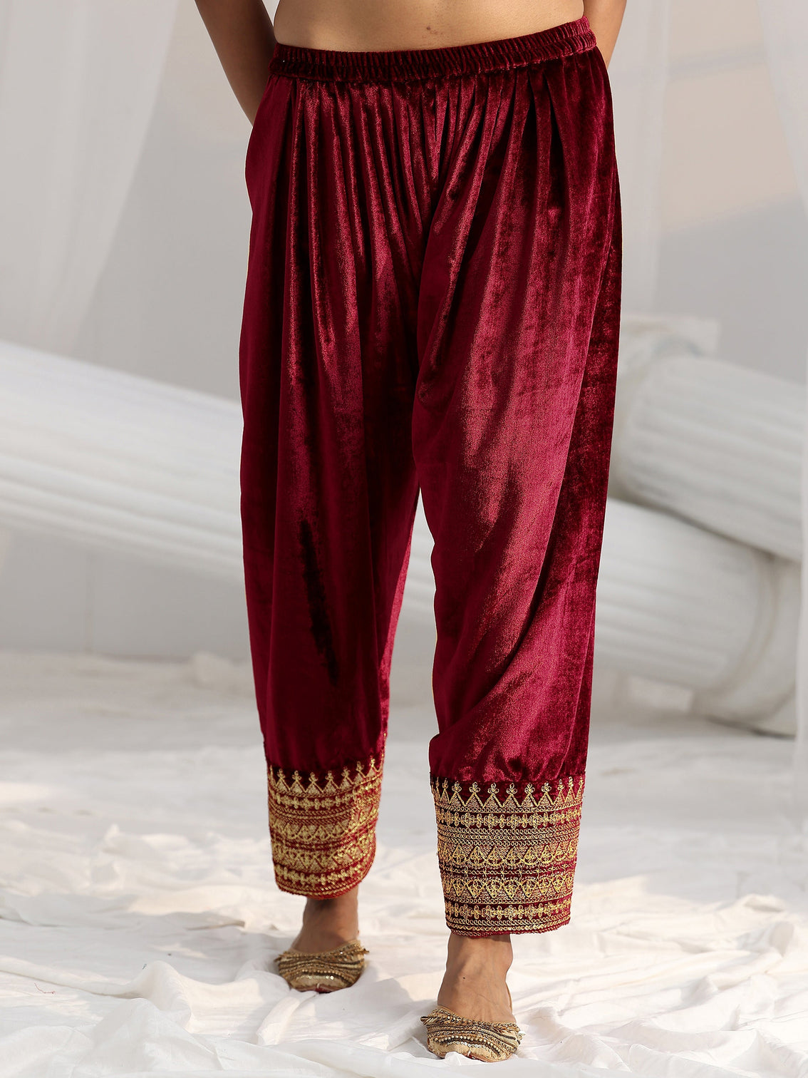 Mameraa Maroon Embroidered Velvet Co-Ord Set