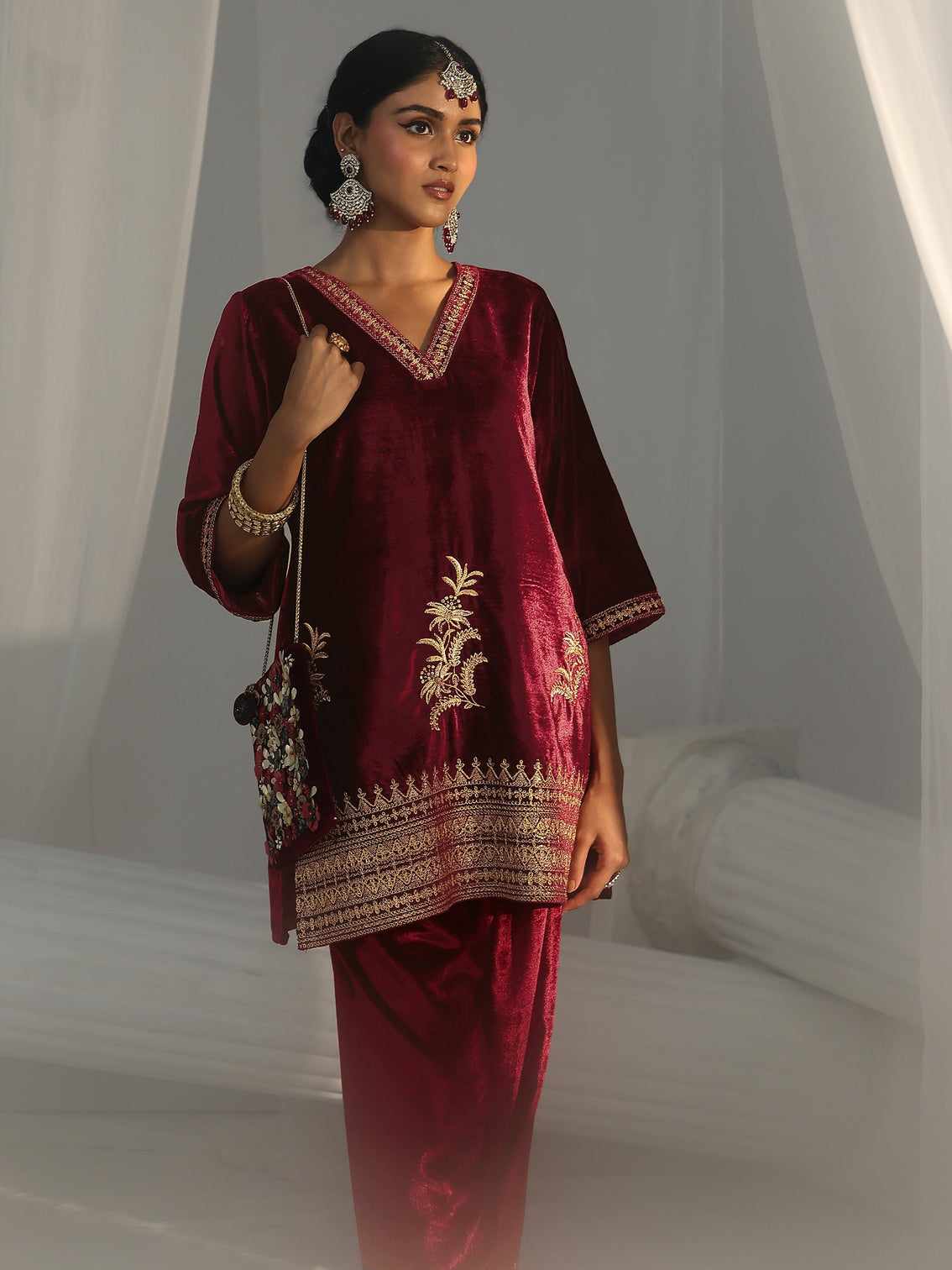 Mameraa Maroon Embroidered Velvet Co-Ord Set
