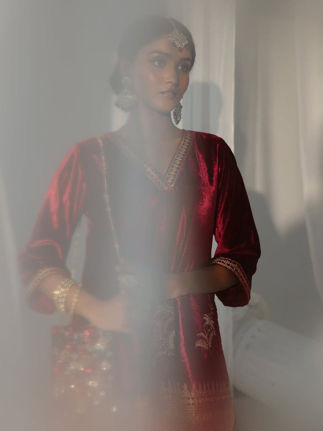 Mameraa Maroon Embroidered Velvet Co-Ord Set