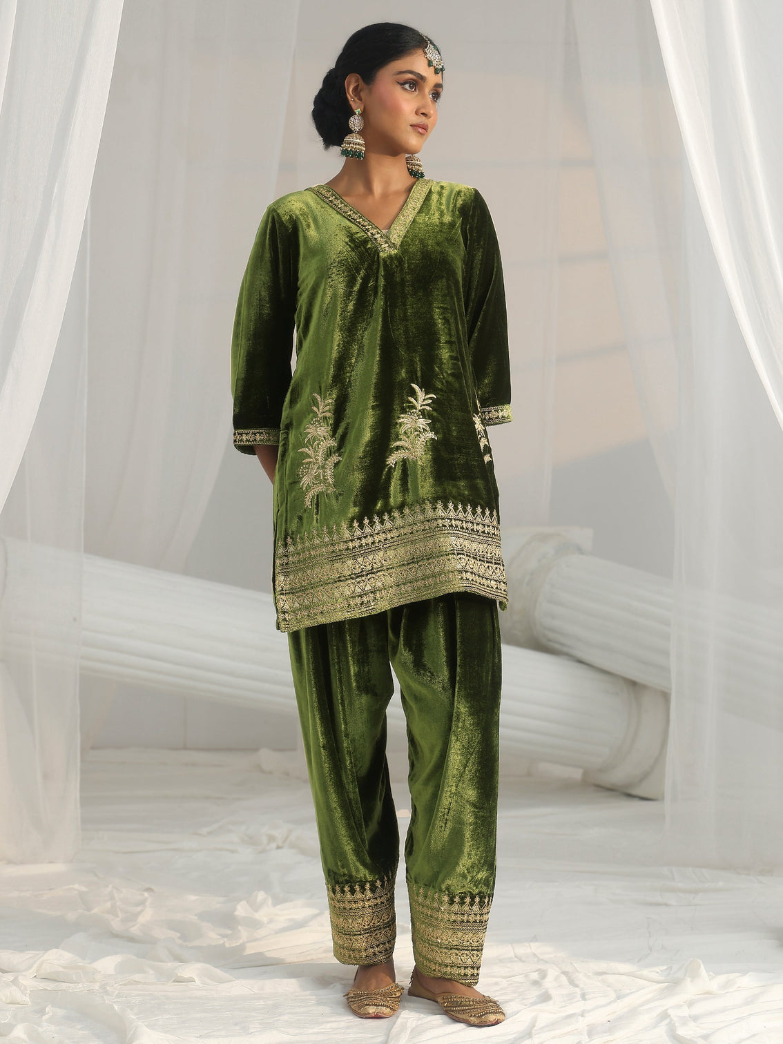 Mameraa Olive Green Embroidered Velvet Co-Ord Set