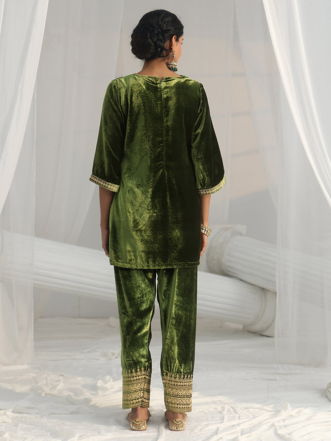 Mameraa Olive Green Embroidered Velvet Co-Ord Set