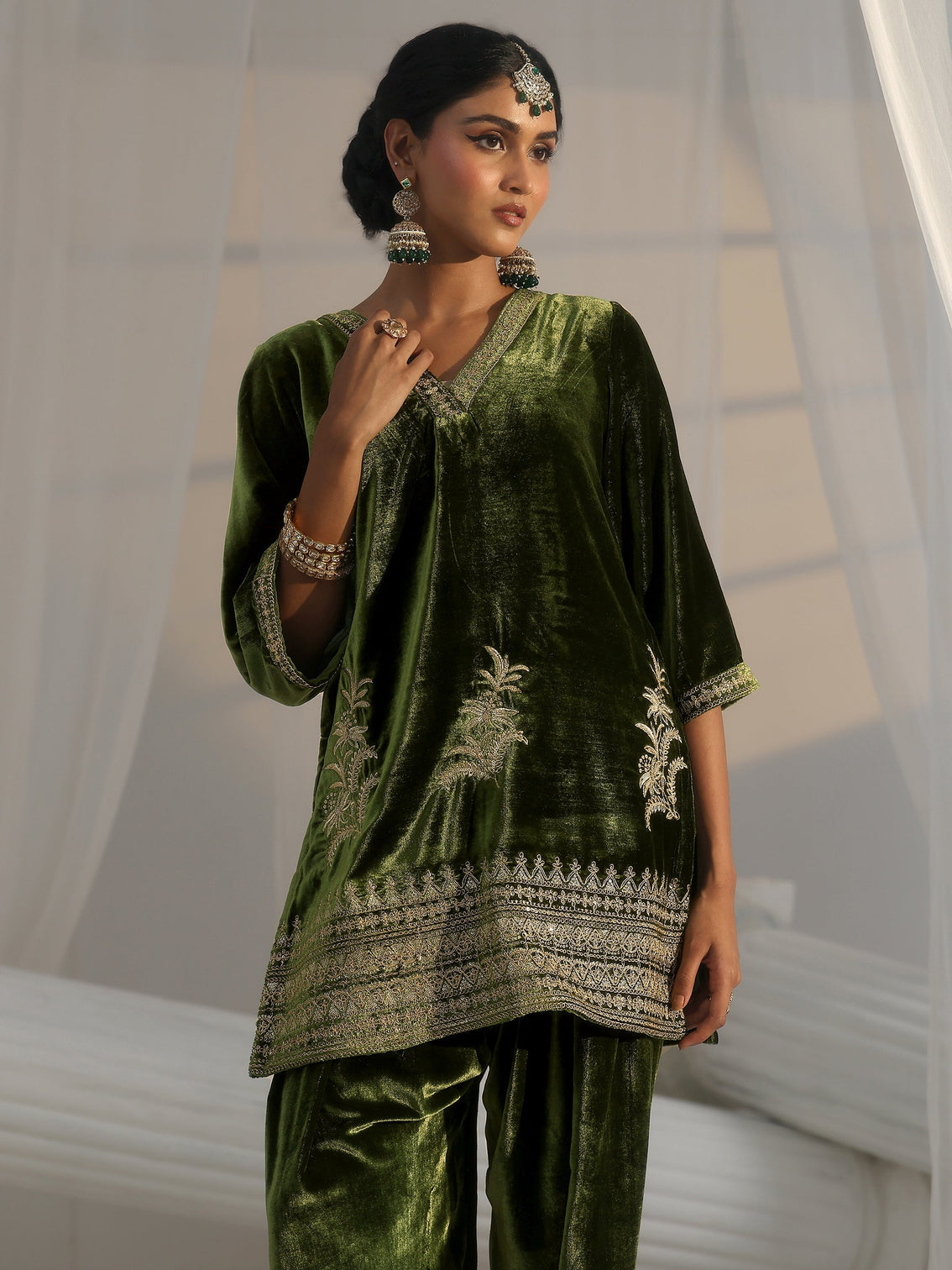 Mameraa Olive Green Embroidered Velvet Co-Ord Set