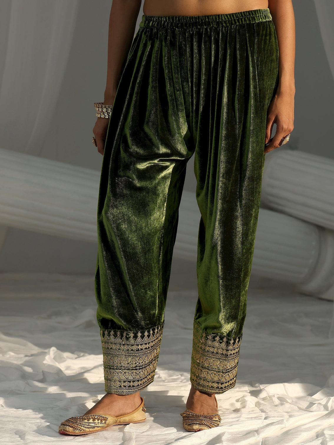 Mameraa Olive Green Embroidered Velvet Co-Ord Set