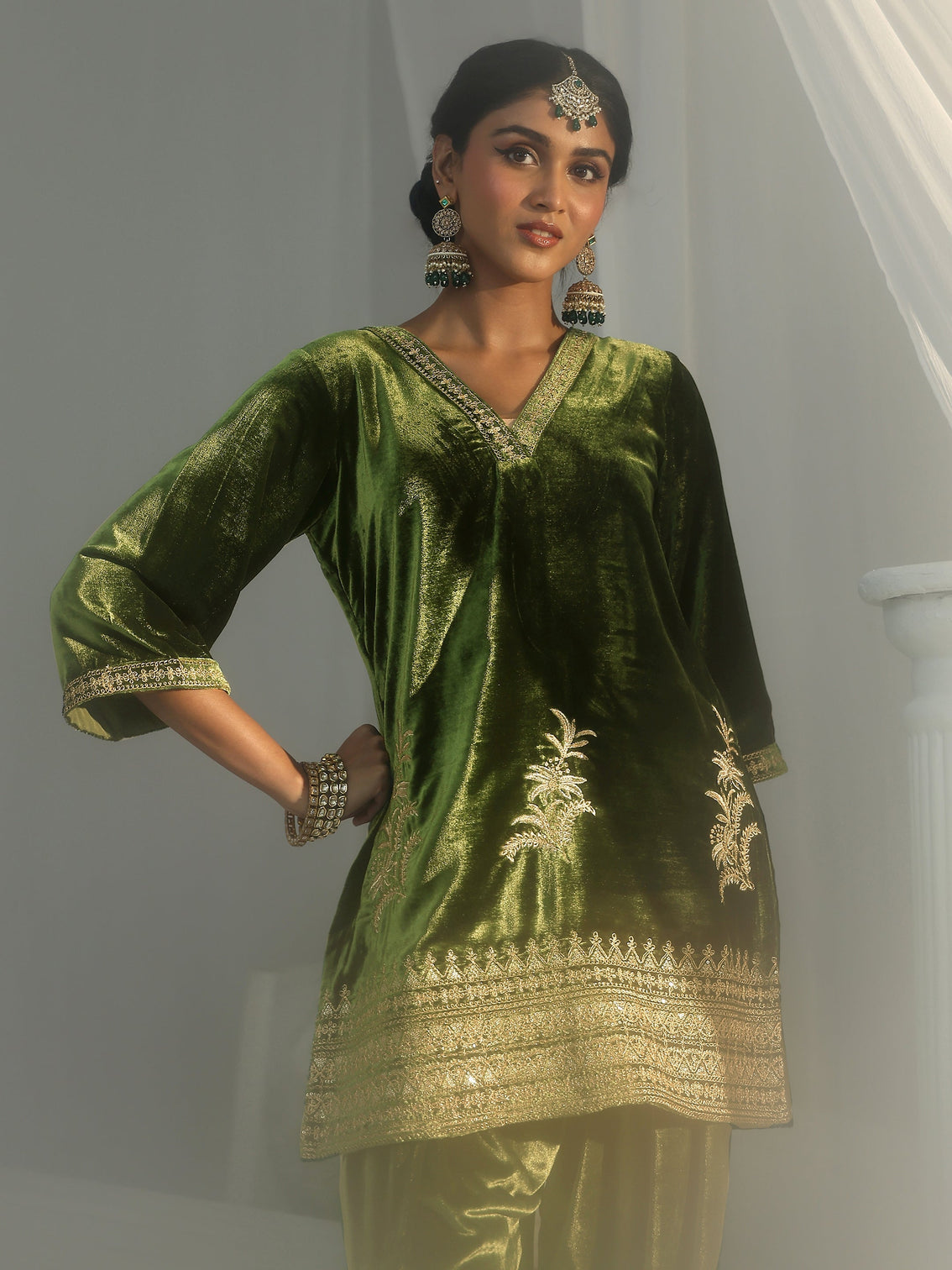 Mameraa Olive Green Embroidered Velvet Co-Ord Set